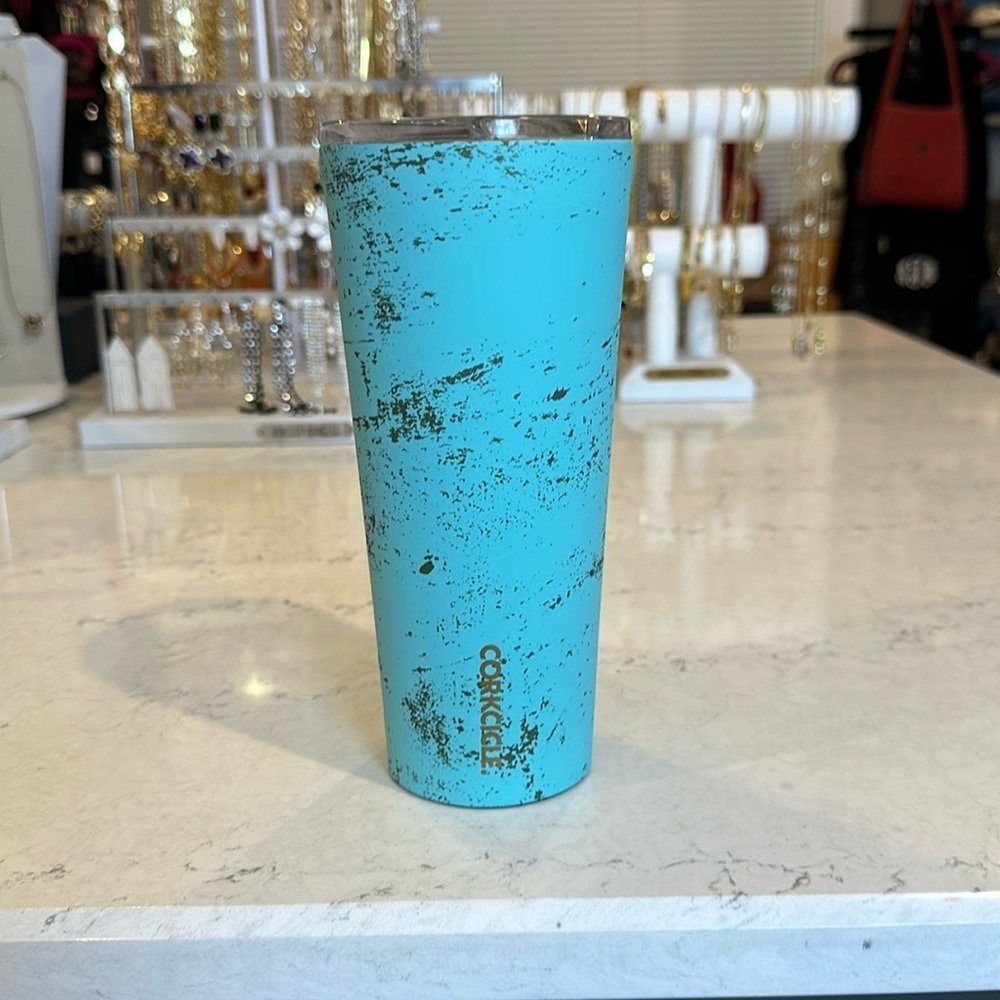 Corkcicle aqua and olive splatter print 24oz tumbler